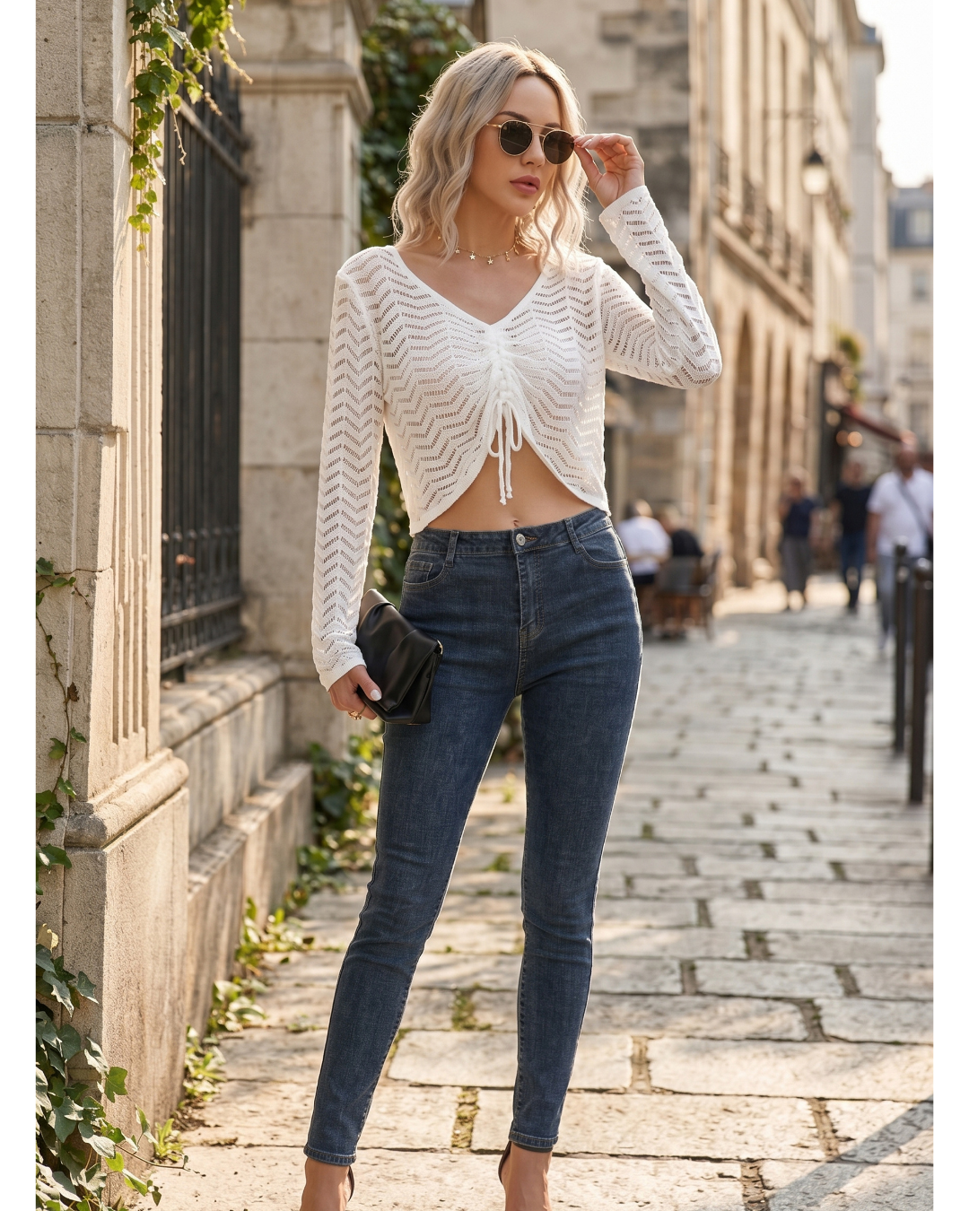 Drawstring V-Neck Long Sleeve Knit Top