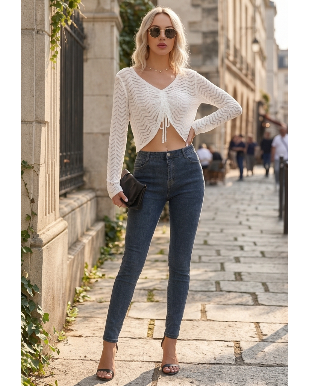 Drawstring V-Neck Long Sleeve Knit Top