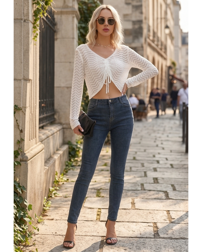 Drawstring V-Neck Long Sleeve Knit Top