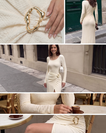 Elegant Long Sleeve Ruched Midi Dress